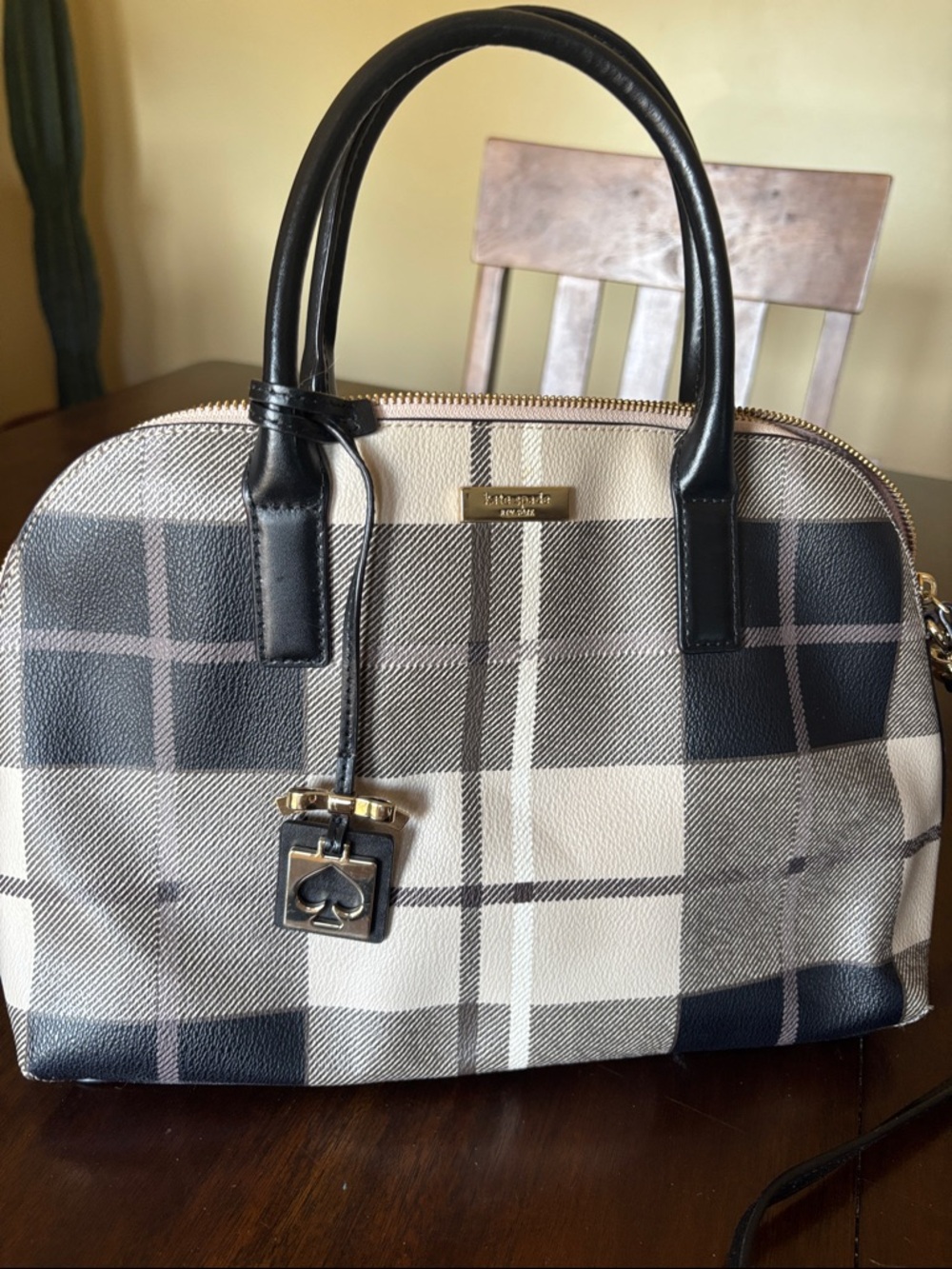 kate spade Black and Cream Plaid Dome Satchel